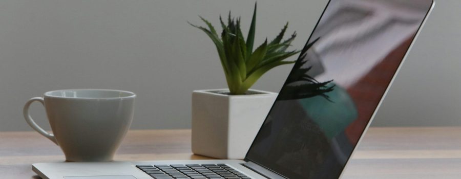 Free Minimalist home office desk with laptop, smartphone, and plant for a modern work environment. Stock Photo