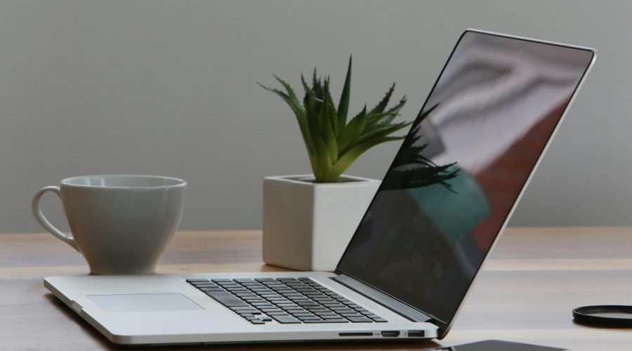 Free Minimalist home office desk with laptop, smartphone, and plant for a modern work environment. Stock Photo