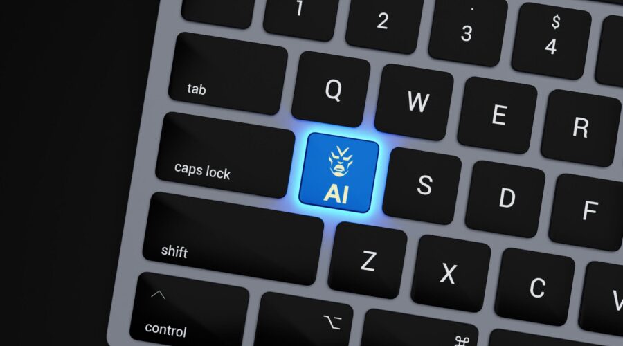 a-close-up-of-a-keyboard-with-a-blue-button