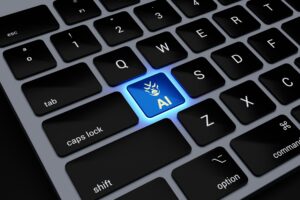 a computer keyboard with a blue light on it