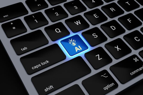 a computer keyboard with a blue light on it