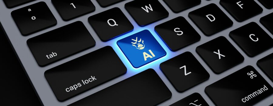 a computer keyboard with a blue light on it