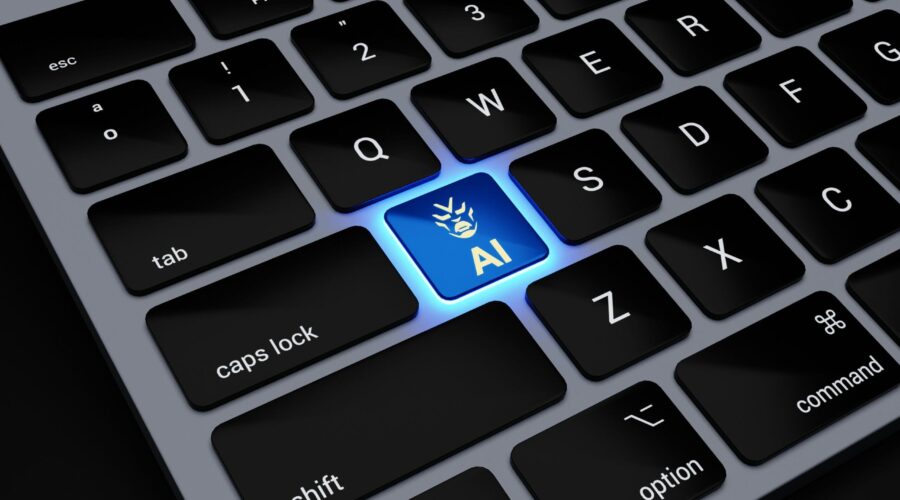 a computer keyboard with a blue light on it